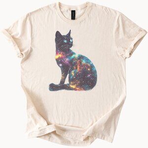 Galaxy Cat Shirt Cosmic Space Kitten Graphic Tee Star Night Cat Lover Gift
